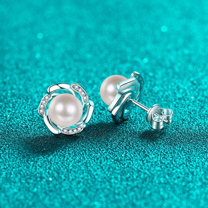 S925 Sterling Silver Floral Bud Stud Earrings - 0.15ct Moissanite & 8-9mm Freshwater Pearls
