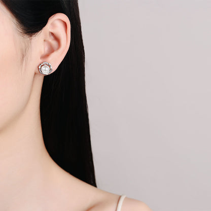 S925 Sterling Silver Floral Bud Stud Earrings - 0.15ct Moissanite & 8-9mm Freshwater Pearls