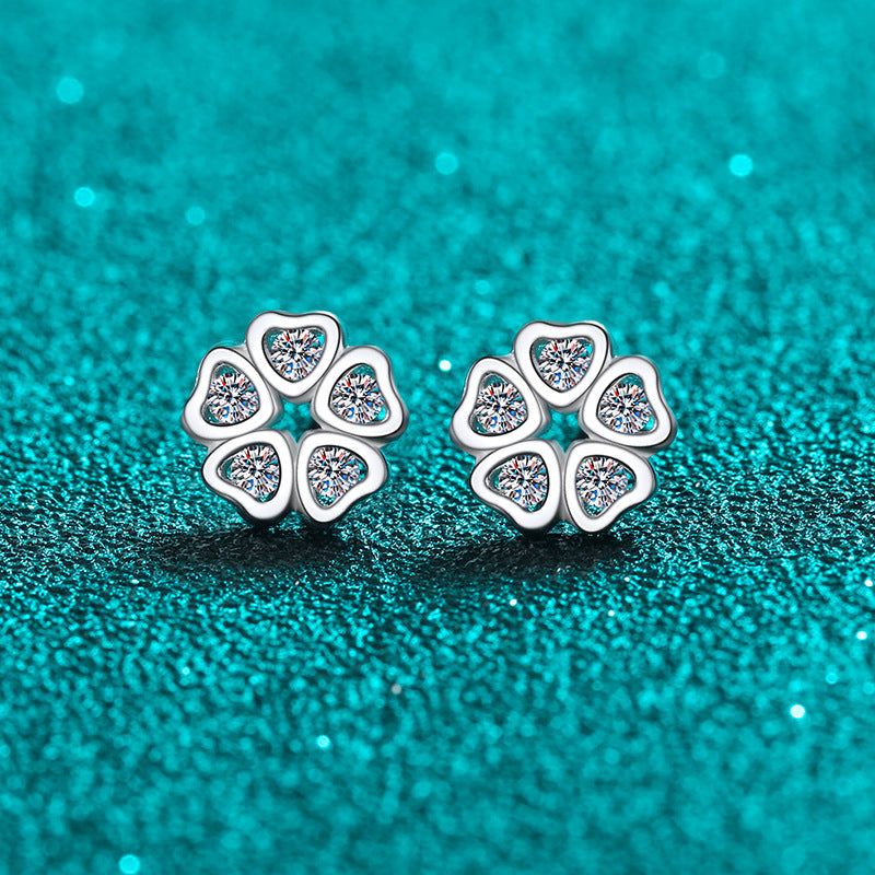 S925 Sterling Silver Floral Heart Moissanite Stud Earrings - 0.25CT Sweet & Romantic Jewelry