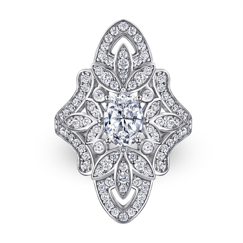 S925 Sterling Silver Floral Statement Ring - Bold 1.5ct Marquise Zirconia Jewelry