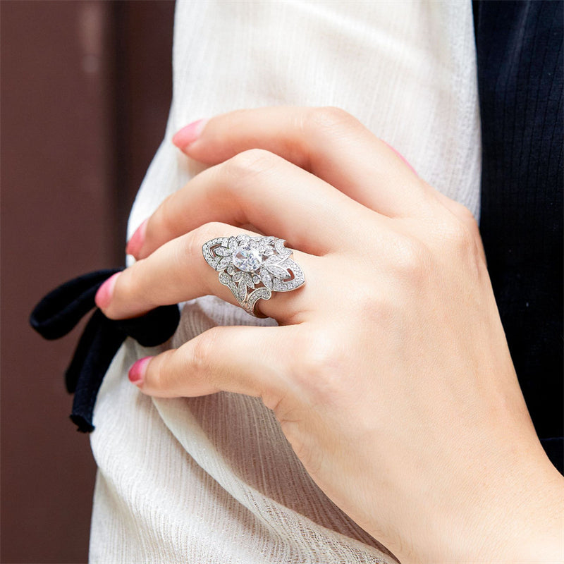 S925 Sterling Silver Floral Statement Ring - Bold 1.5ct Marquise Zirconia Jewelry
