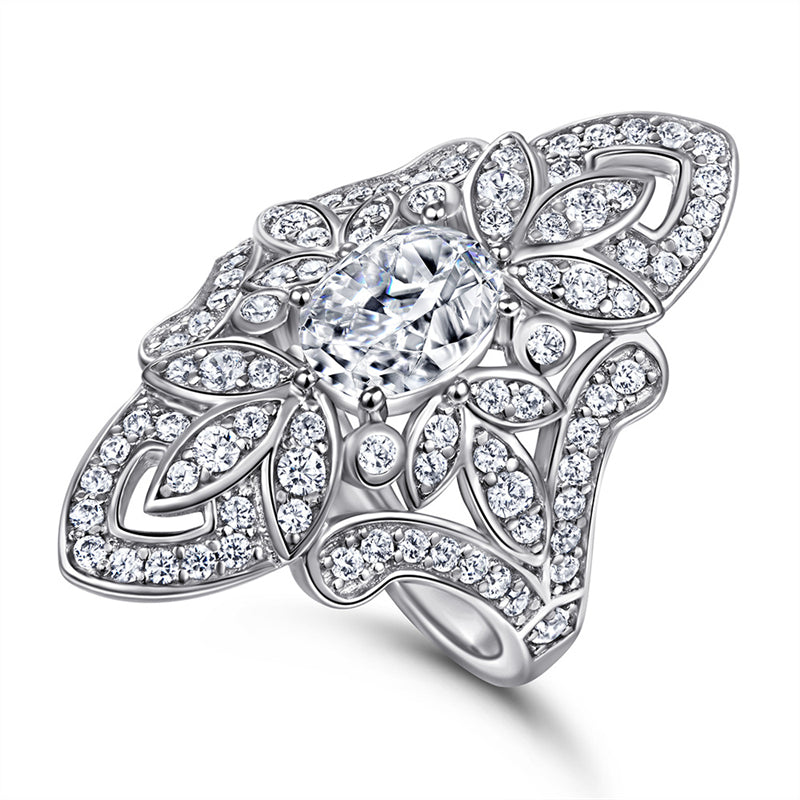 S925 Sterling Silver Floral Statement Ring - Bold 1.5ct Marquise Zirconia Jewelry