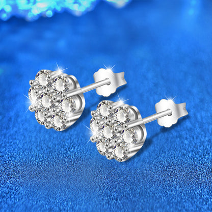 S925 Sterling Silver Floral Stud Earrings with 0.1ct Moissanite Petals - White Gold Plated Minimalist Flower Jewelry for Women