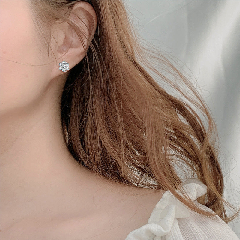 S925 Sterling Silver Floral Stud Earrings with 0.1ct Moissanite Petals - White Gold Plated Minimalist Flower Jewelry for Women