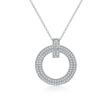 S925 Sterling Silver Full-Zirconia Circle Pendant Necklace - Elegant Hoop Collarbone Chain
