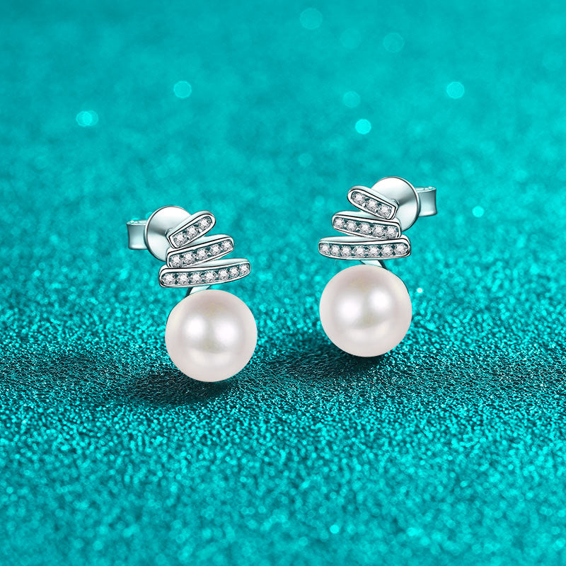 S925 Sterling Silver Geometric Huggie Hoops - 0.15ct Moissanite & 8-9mm Freshwater Pearls