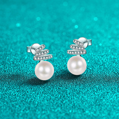 S925 Sterling Silver Geometric Huggie Hoops - 0.15ct Moissanite & 8-9mm Freshwater Pearls