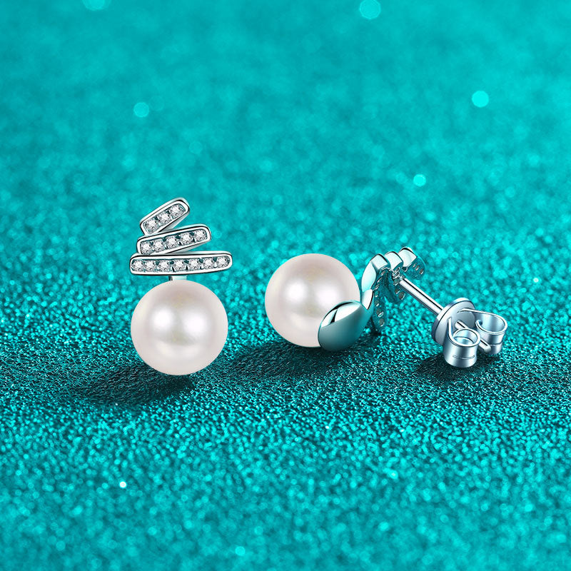 S925 Sterling Silver Geometric Huggie Hoops - 0.15ct Moissanite & 8-9mm Freshwater Pearls