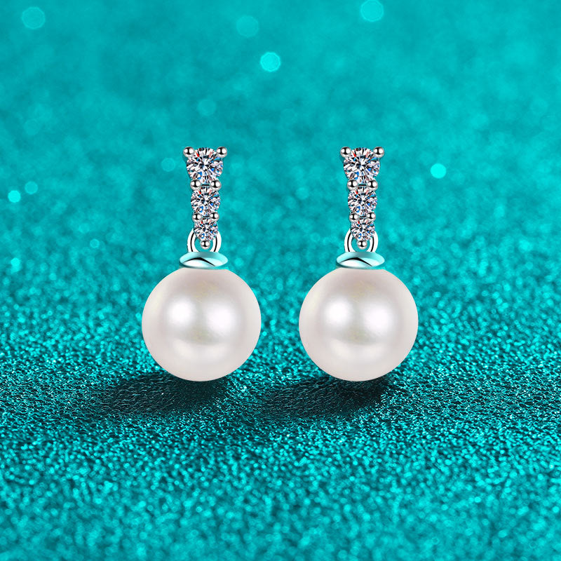 S925 Sterling Silver Geometric Pearl Earrings with 0.23ct Moissanite - Minimalist Luxury Design