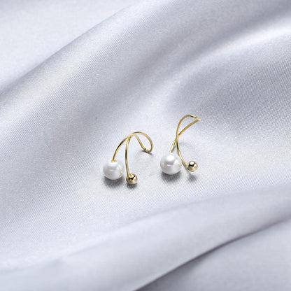 S925 Sterling Silver Gold-Plated Pearl Clip-On Earrings - Minimalist Round Geometric Earrings
