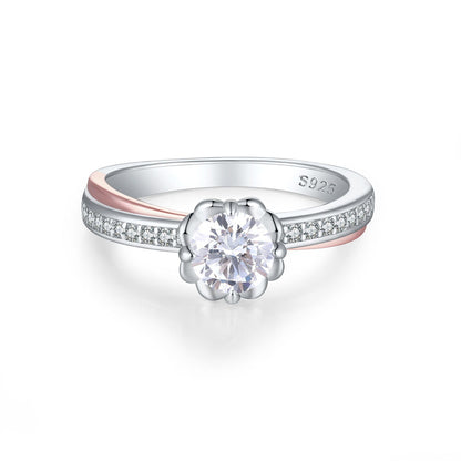 S925 Sterling Silver Half-Eternity Floral Ring - Dual-Tone Wedding Jewelry