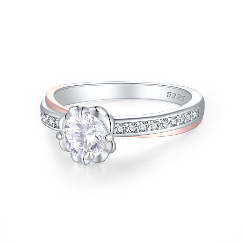 S925 Sterling Silver Half-Eternity Floral Ring - Dual-Tone Wedding Jewelry