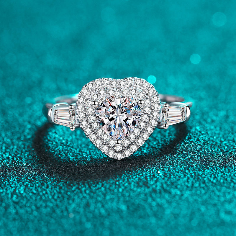 S925 Sterling Silver Heart-Shaped 1ct Moissanite Bezel Ring with PT950 Gold Plating