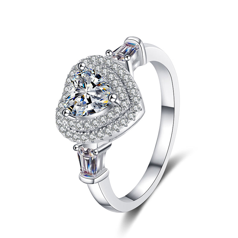 S925 Sterling Silver Heart-Shaped 1ct Moissanite Bezel Ring with PT950 Gold Plating