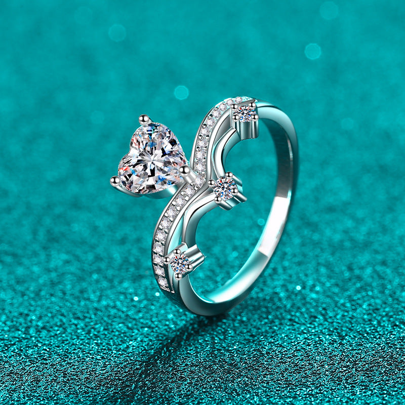 S925 Sterling Silver Heart-Shaped Moissanite Ring with Lightning & Rainbow Design, Maillard Aesthetic for Women
