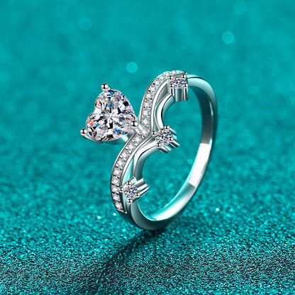 S925 Sterling Silver Heart-Shaped Moissanite Ring with Lightning & Rainbow Design, Maillard Aesthetic for Women