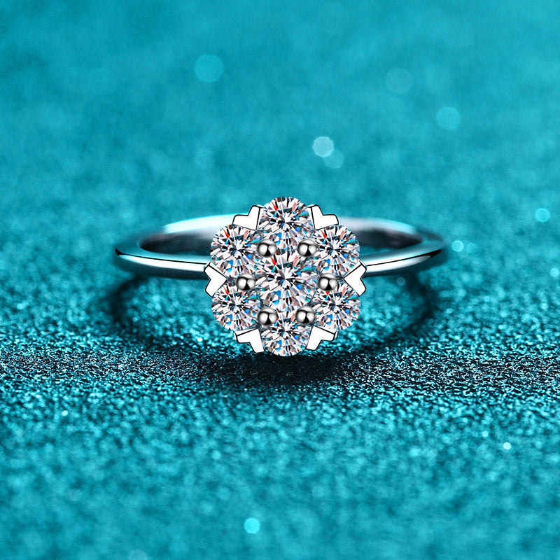S925 Sterling Silver Heart 6-Prong Moissanite Ring PT950 Plated - Chinese Traditional Motif Wedding Band
