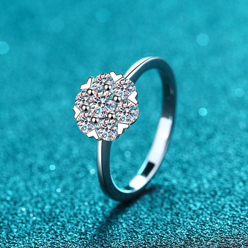 S925 Sterling Silver Heart 6-Prong Moissanite Ring PT950 Plated - Chinese Traditional Motif Wedding Band