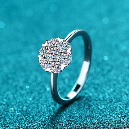 S925 Sterling Silver Heart 6-Prong Moissanite Ring PT950 Plated - Chinese Traditional Motif Wedding Band