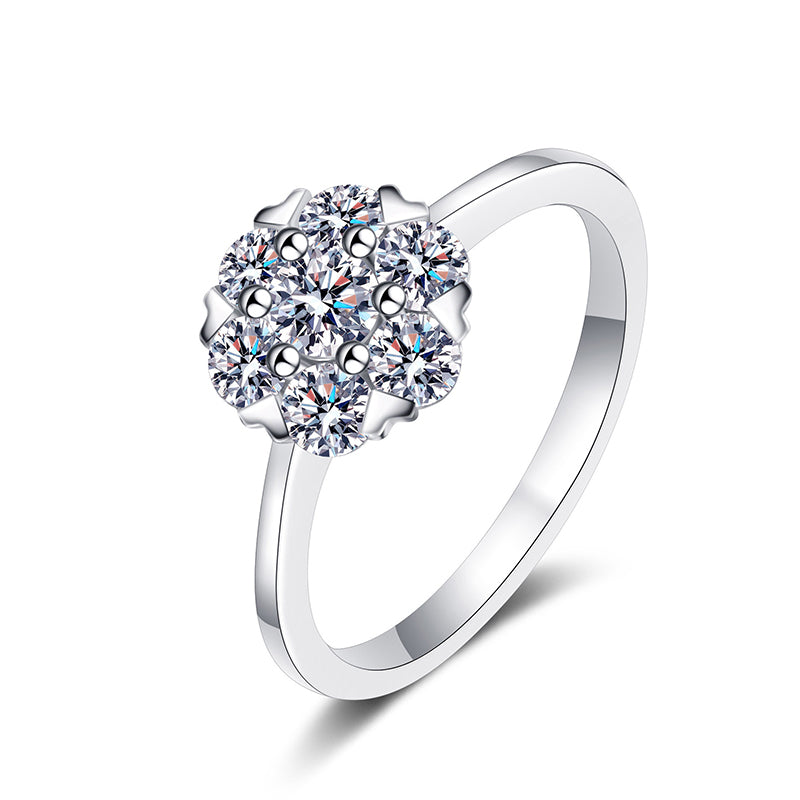 S925 Sterling Silver Heart 6-Prong Moissanite Ring PT950 Plated - Chinese Traditional Motif Wedding Band