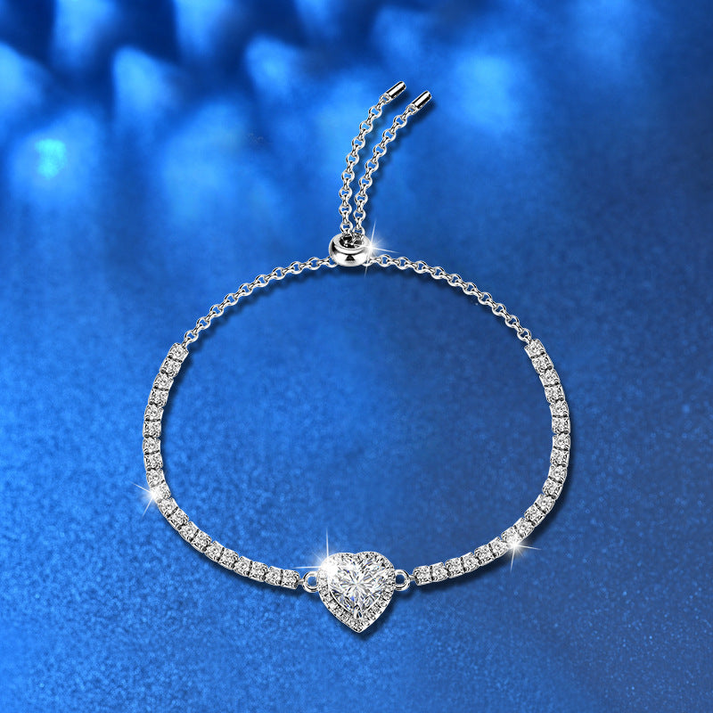 S925 Sterling Silver Heart Bracelet with 1ct or 2ct Moissanite Versatile Anniversary Jewelry White Gold Plated