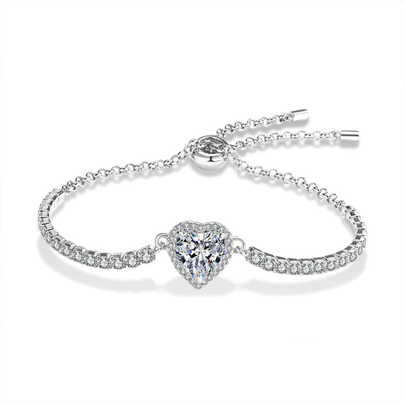 S925 Sterling Silver Heart Bracelet with 1ct or 2ct Moissanite Versatile Anniversary Jewelry White Gold Plated