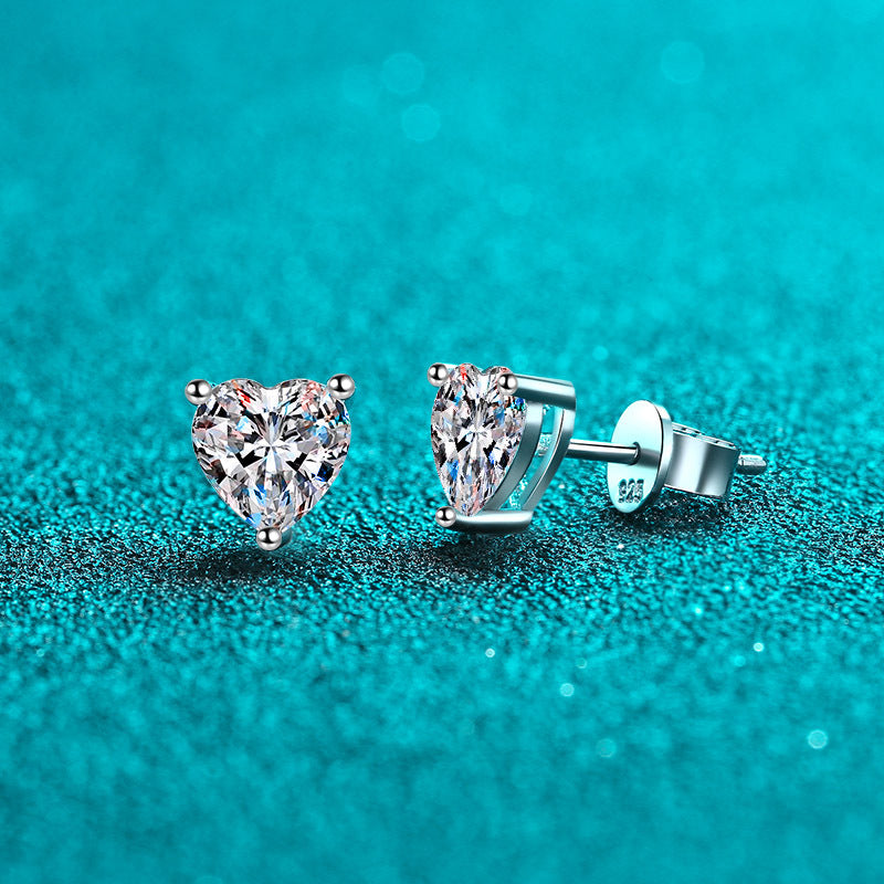 S925 Sterling Silver Heart Moissanite Stud Earrings Plated with Pt950 Gold - 1ct/2ct Dainty Gift for Her