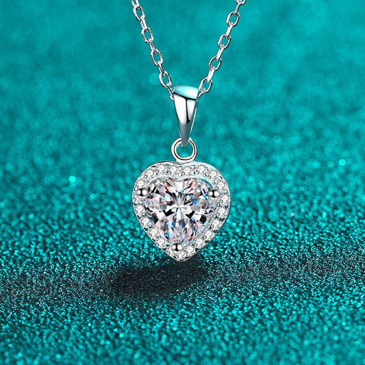 S925 Sterling Silver Heart Pendant Necklace - 1CT Moissanite PT950-Plated Cluster Collarbone Chain