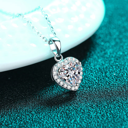 S925 Sterling Silver Heart Pendant Necklace - 1CT Moissanite PT950-Plated Cluster Collarbone Chain