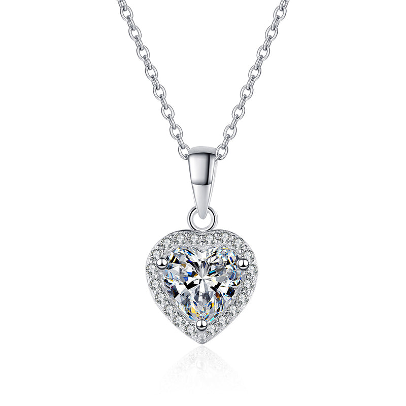 S925 Sterling Silver Heart Pendant Necklace - 1CT Moissanite PT950-Plated Cluster Collarbone Chain