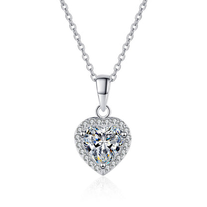 S925 Sterling Silver Heart Pendant Necklace - 1CT Moissanite PT950-Plated Cluster Collarbone Chain