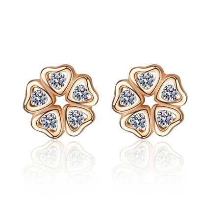 S925 Sterling Silver Heart Petal Moissanite Stud Earrings - Champagne Gold Floral-Inspired Romantic Jewelry