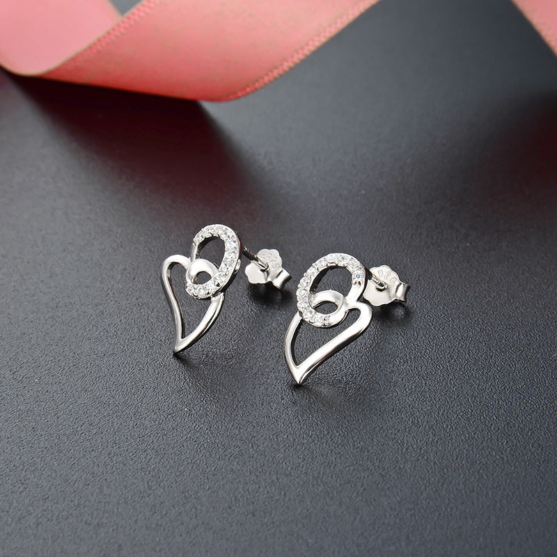 S925 Sterling Silver Heart Stud Earrings - Geometric Love Design CZ Earrings with Plastic Backs