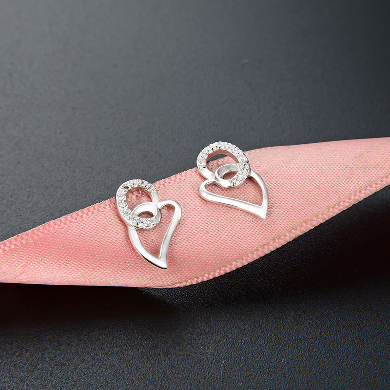 S925 Sterling Silver Heart Stud Earrings - Geometric Love Design CZ Earrings with Plastic Backs