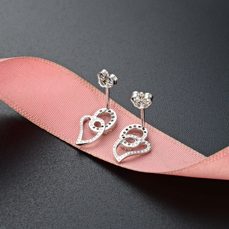 S925 Sterling Silver Heart Stud Earrings - Geometric Love Design CZ Earrings with Plastic Backs