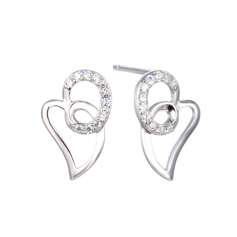 S925 Sterling Silver Heart Stud Earrings - Geometric Love Design CZ Earrings with Plastic Backs