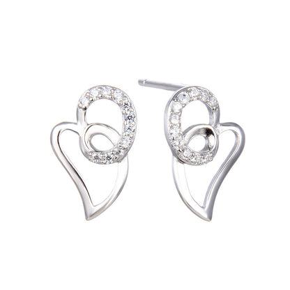 S925 Sterling Silver Heart Stud Earrings - Geometric Love Design CZ Earrings with Plastic Backs
