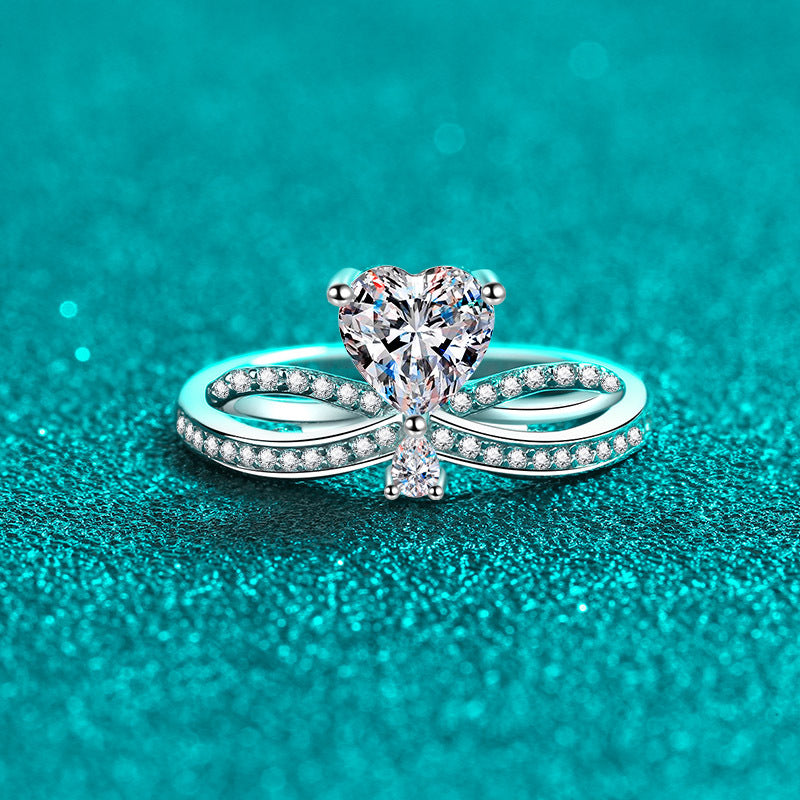S925 Sterling Silver Heartbeat Ring with Moissanite - PT950 Plated Minimalist Bear Design Ring for Women