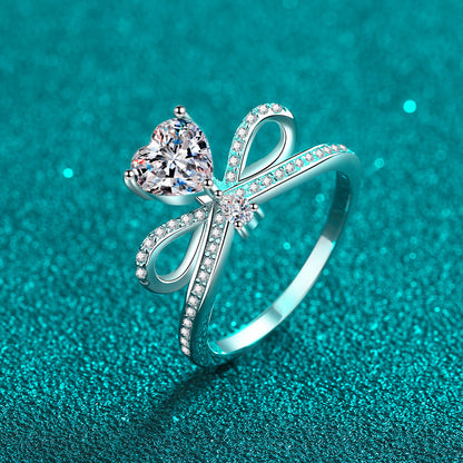 S925 Sterling Silver Heartbeat Ring with Moissanite - PT950 Plated Minimalist Bear Design Ring for Women