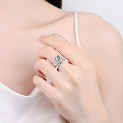S925 Sterling Silver Heartbeat Ring with Moissanite - PT950 Plated Minimalist Bear Design Ring for Women