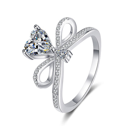 S925 Sterling Silver Heartbeat Ring with Moissanite - PT950 Plated Minimalist Bear Design Ring for Women