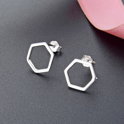 S925 Sterling Silver Hexagon Stud Earrings Set - Large & Small Geometric Earrings with Plastic Backs for Women
