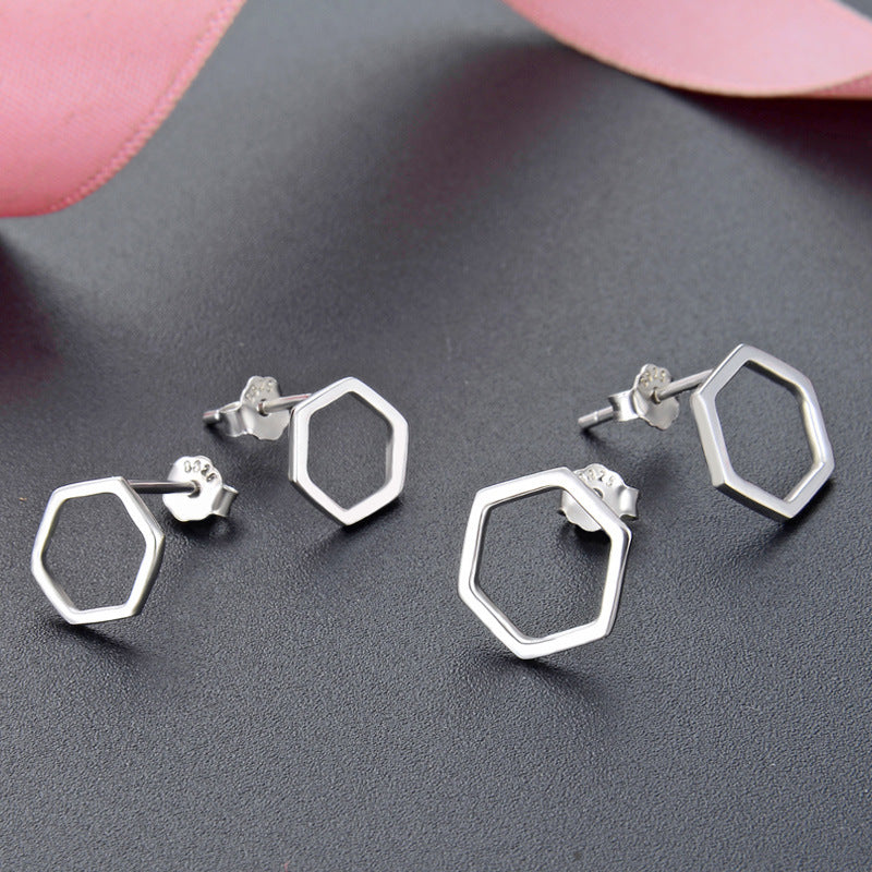S925 Sterling Silver Hexagon Stud Earrings Set - Large & Small Geometric Earrings with Plastic Backs for Women