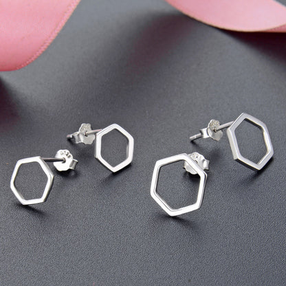 S925 Sterling Silver Hexagon Stud Earrings Set - Large & Small Geometric Earrings with Plastic Backs for Women