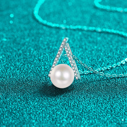 S925 Sterling Silver Inverted V Necklace - 11-Point Moissanite Pavé & 8-9mm Pearl Modern Statement Choker