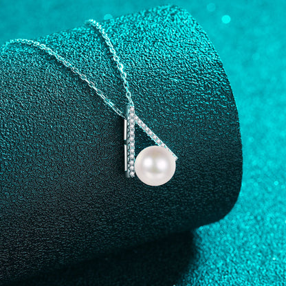S925 Sterling Silver Inverted V Necklace - 11-Point Moissanite Pavé & 8-9mm Pearl Modern Statement Choker