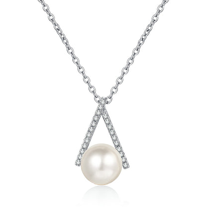 S925 Sterling Silver Inverted V Necklace - 11-Point Moissanite Pavé & 8-9mm Pearl Modern Statement Choker