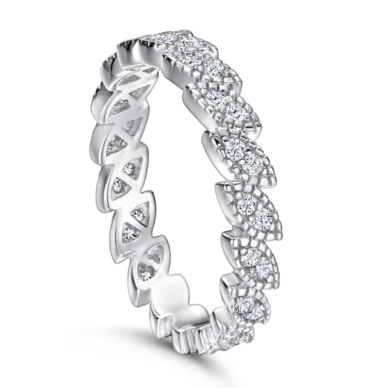 S925 Sterling Silver Leaf-Inspired Stackable Ring - Elegant Pavé Zirconia Band