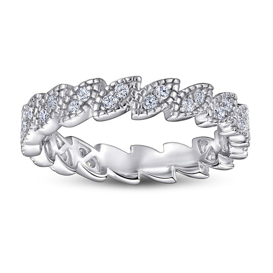 S925 Sterling Silver Leaf-Inspired Stackable Ring - Elegant Pavé Zirconia Band