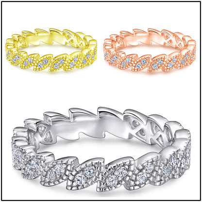 S925 Sterling Silver Leaf-Inspired Stackable Ring - Elegant Pavé Zirconia Band